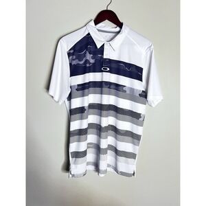 Oakley Men's Golf Polo Shirt Large White Navy Camo‎ Striped Performance Fit